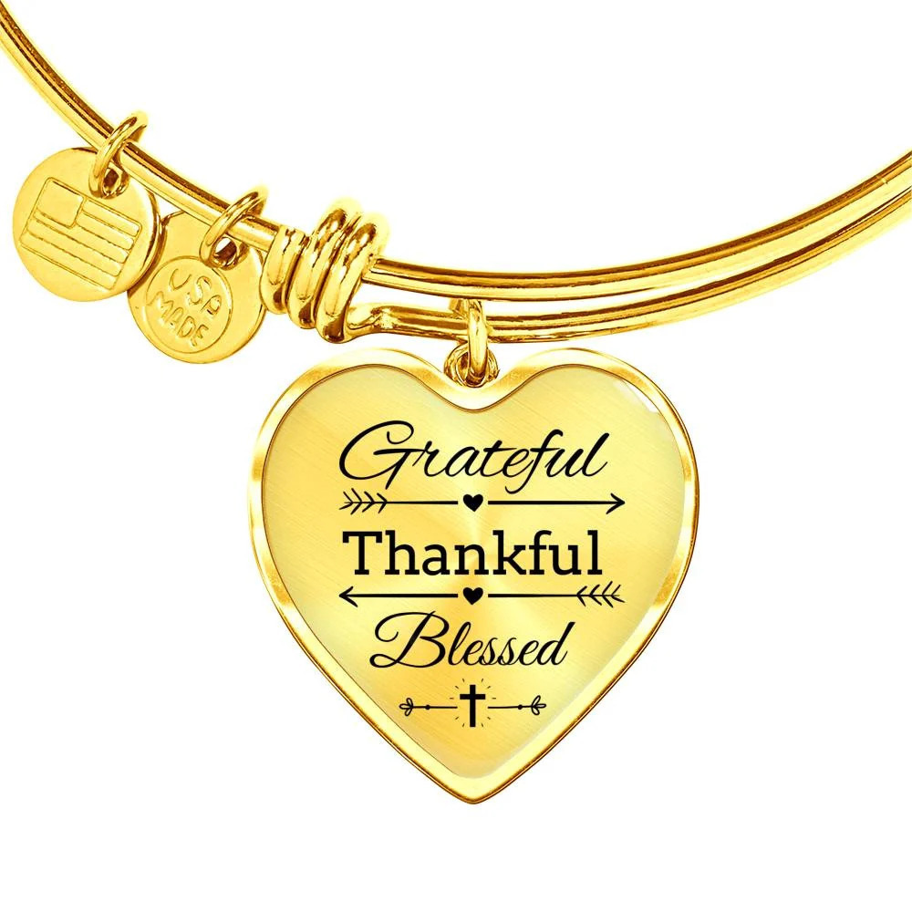 Grateful Thankful Blessed Personalized Engraved Gold Heart Bangle Bracelet Custo